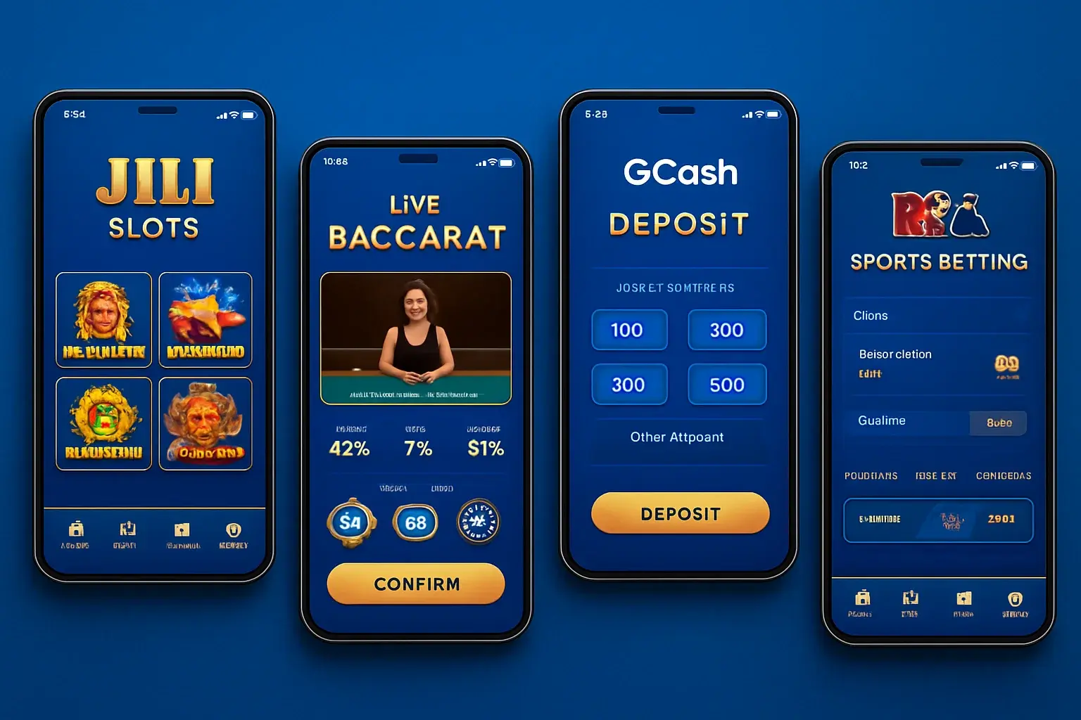 Android screens showing Philippine casino app with slots, baccarat, GCash deposit, sports betting
