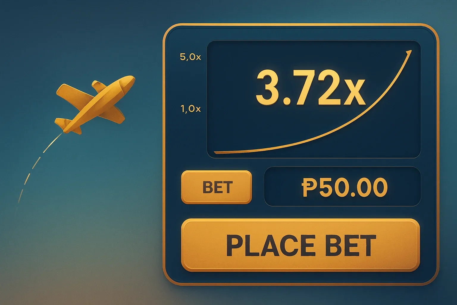 Close-up aviator crash game UI with plane trajectory, multiplier graph, and PHP bets