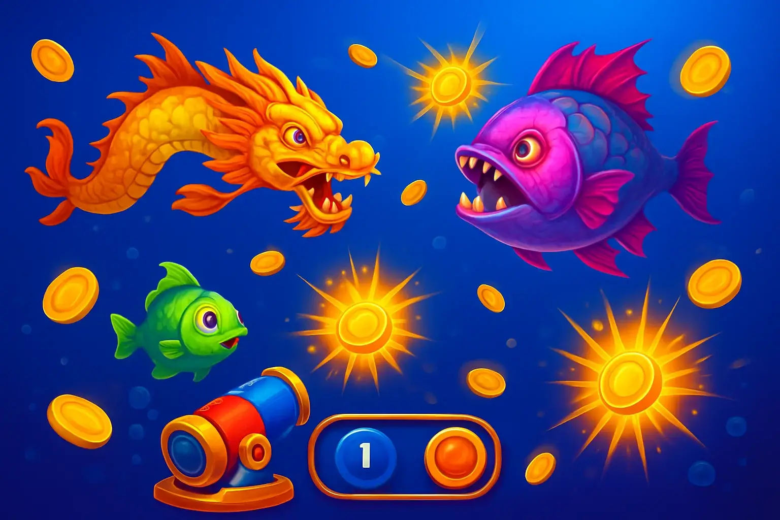 Vibrant Philippine casino fishing game with colorful fish and coin explosions