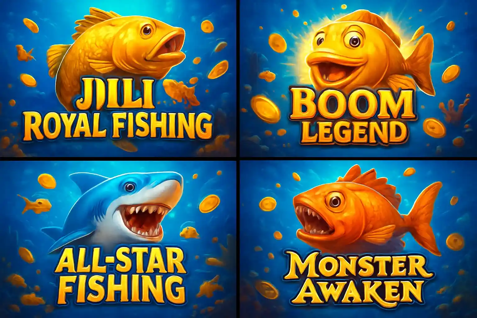 Grid of popular Philippine fishing game thumbnails in vibrant blue and gold