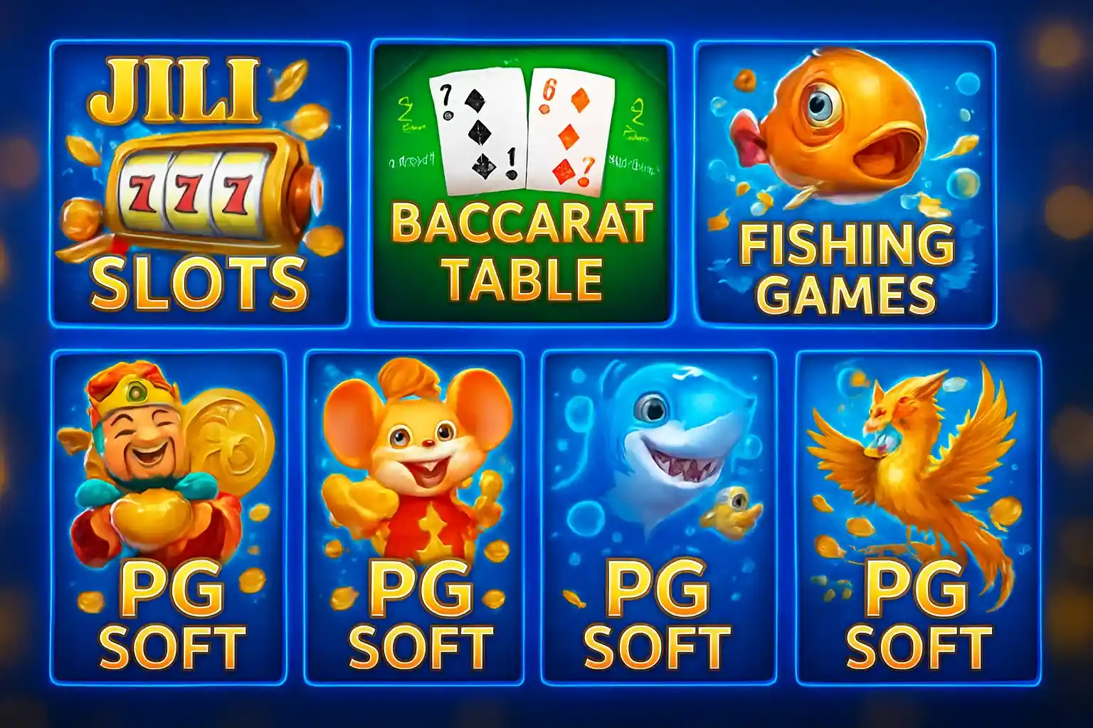Colorful grid of Philippine casino game thumbnails with JILI slots and baccarat