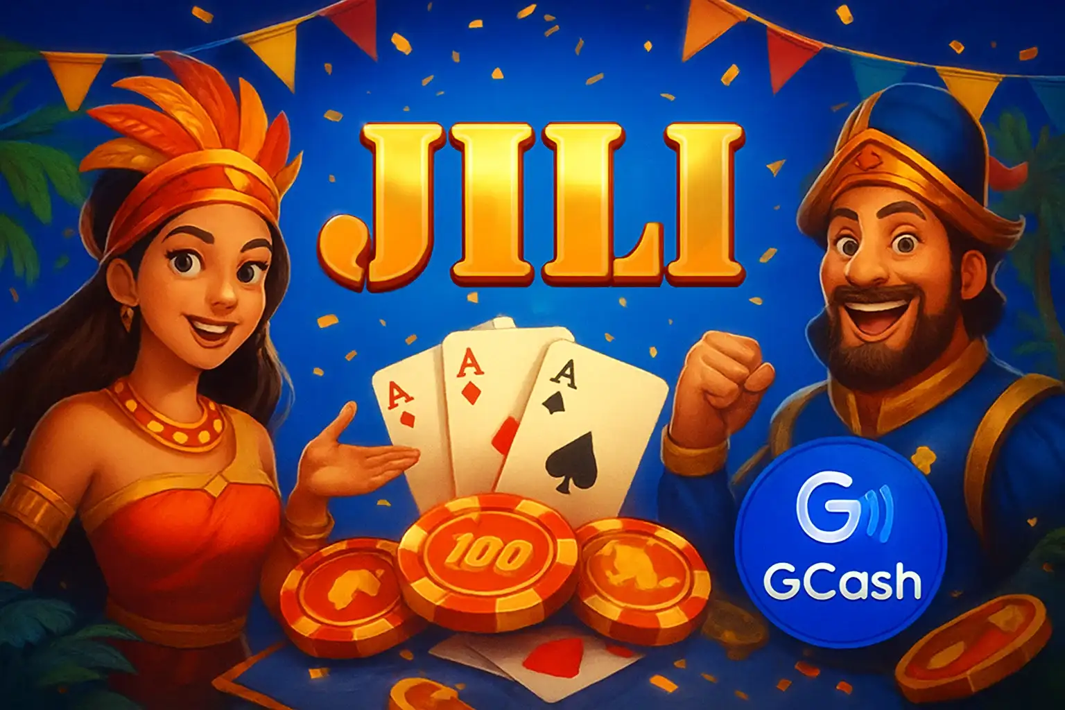 Vibrant Philippine online casino hero banner with JILI characters and GCash badge