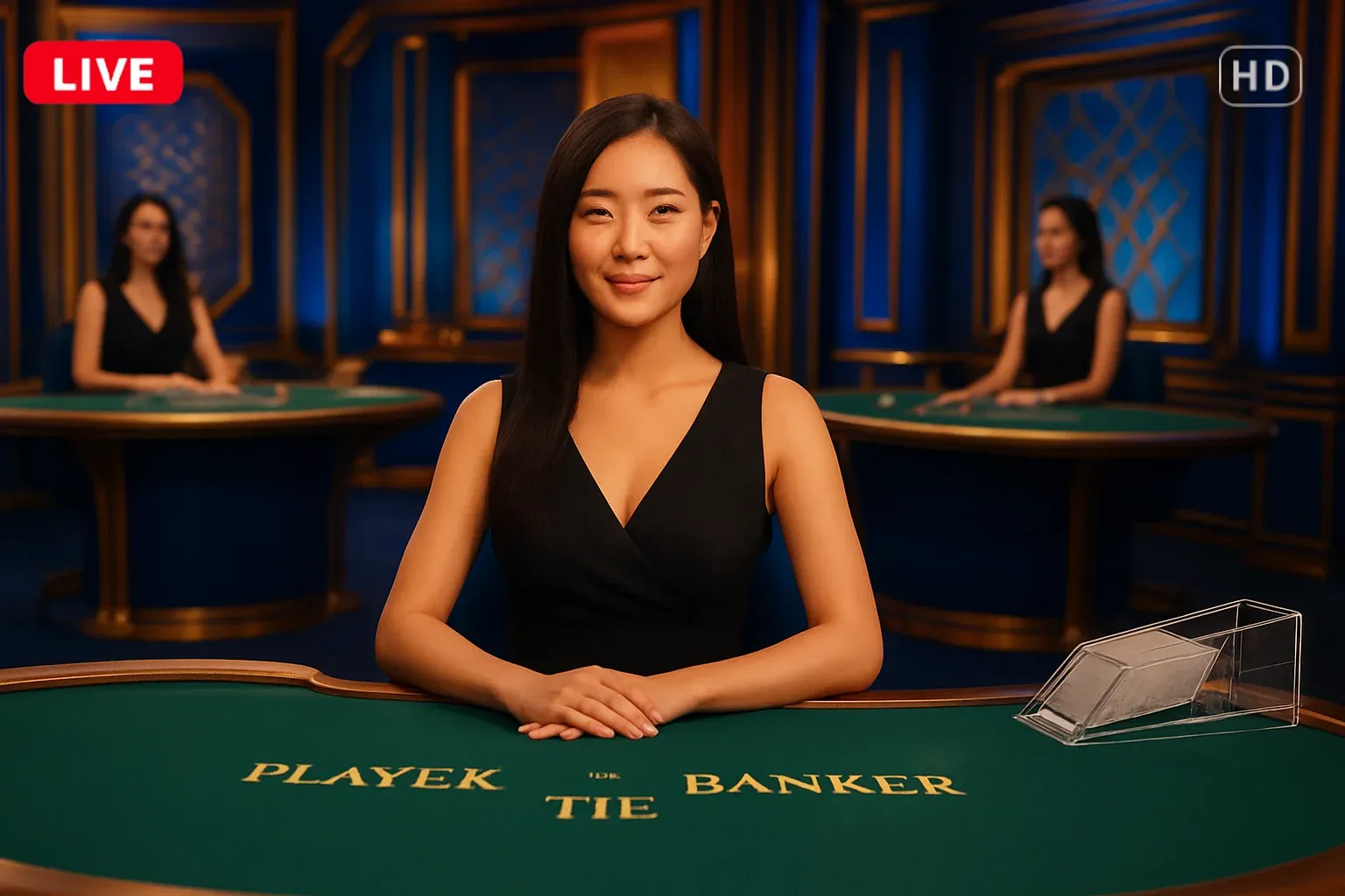 Elegant live casino studio with Asian dealers, baccarat and blackjack tables