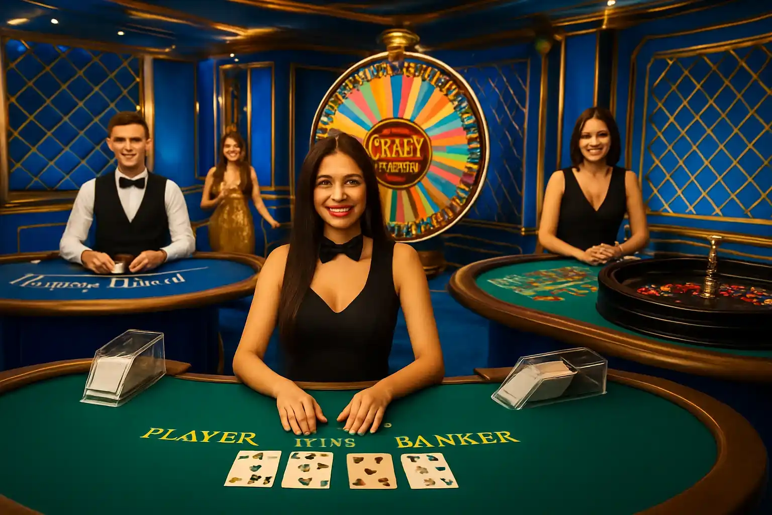 Live casino game cards with baccarat, roulette, Crazy Time, and dealers