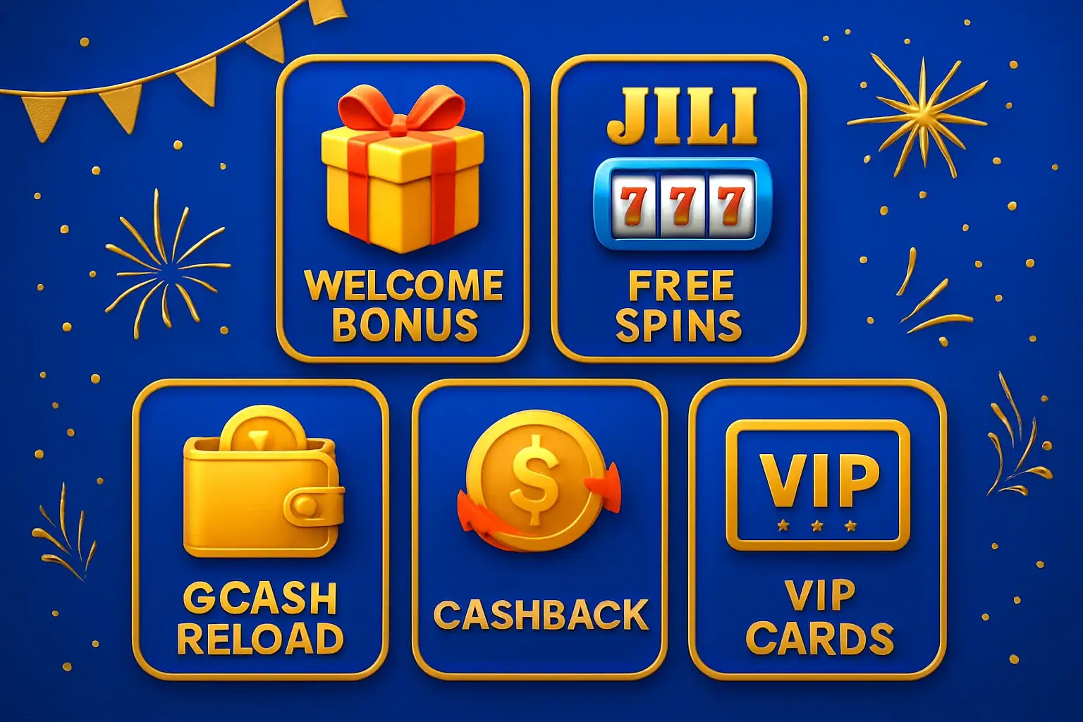 Casino bonus types display with welcome bonus, JILI free spins, GCash reload, cashback, VIP cards