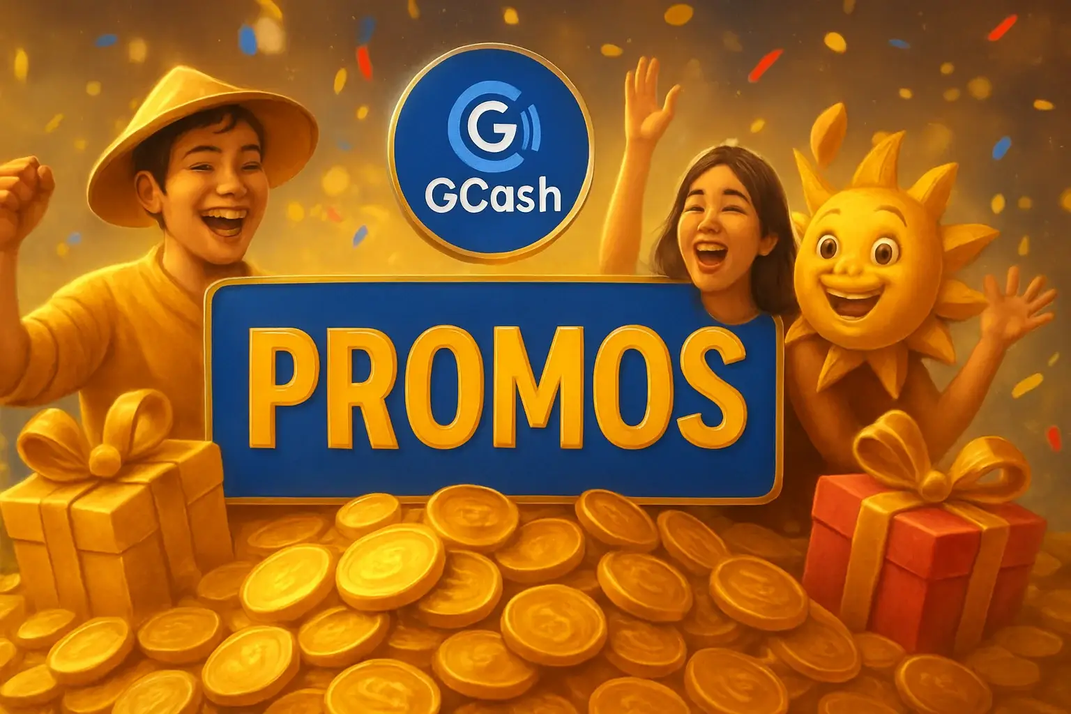Philippine casino promotions banner with gold coins, gift boxes, GCash badge, JILI characters