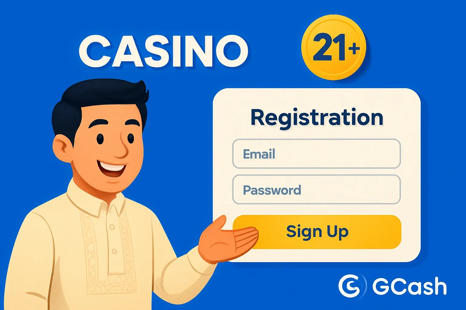 Philippine casino registration page with GCash logo and gold 21+ badge