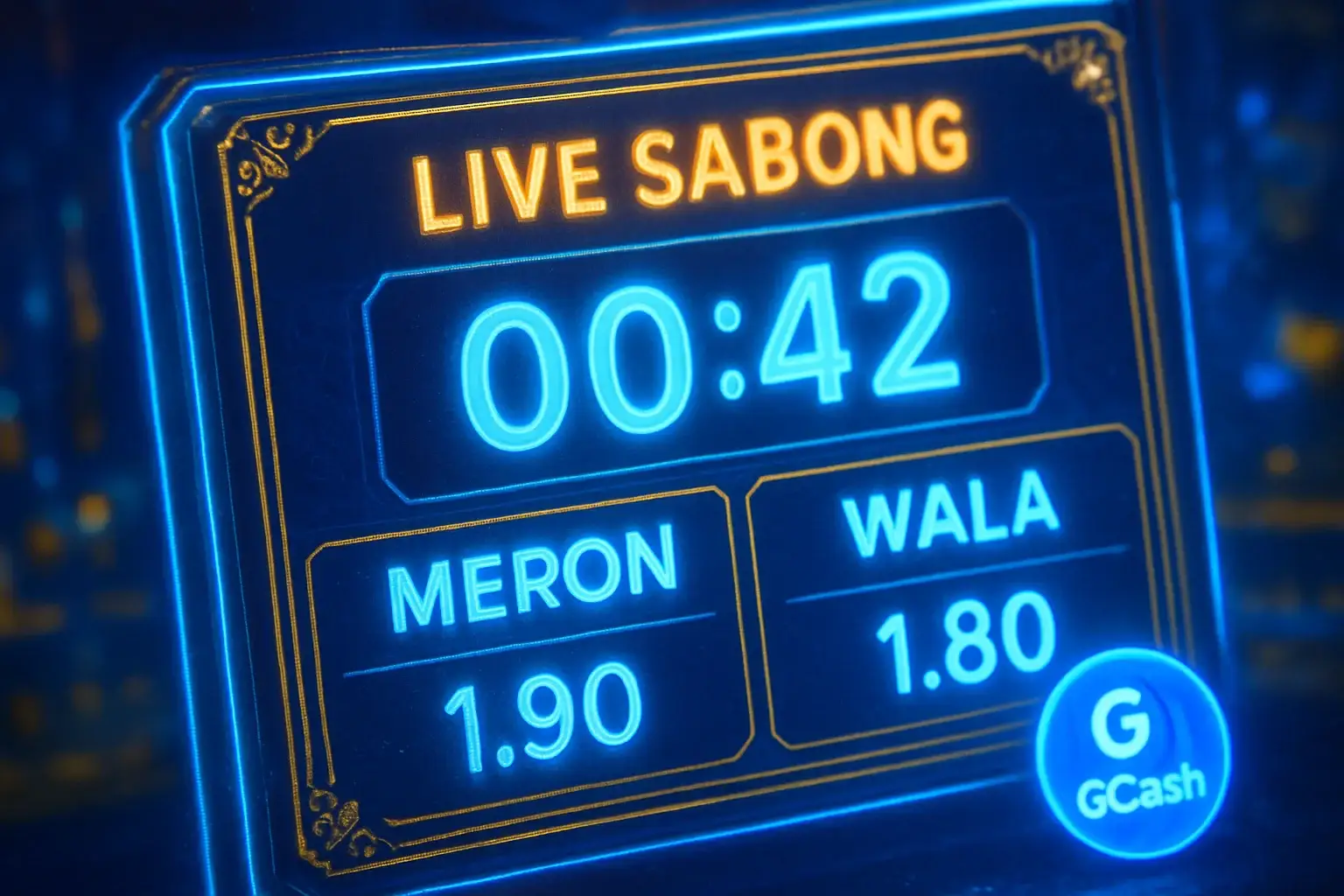Live sabong countdown timer with Meron vs Wala betting panel and GCash badge