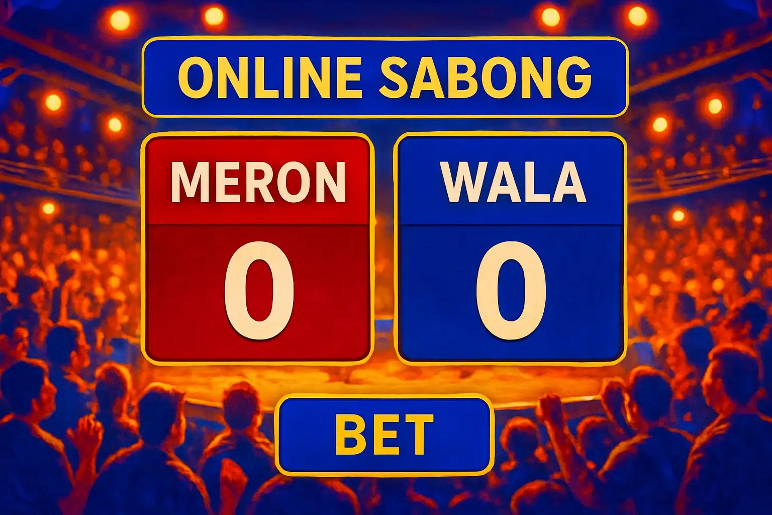 Philippine online sabong betting interface with Meron and Wala panels in blue and gold