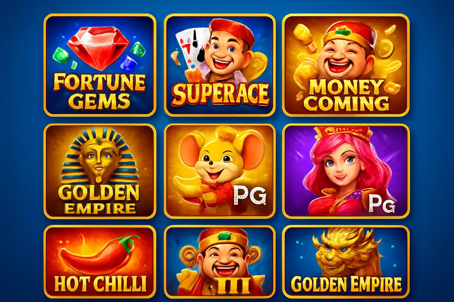 Grid of JILI and PG Soft slot game thumbnails on blue background