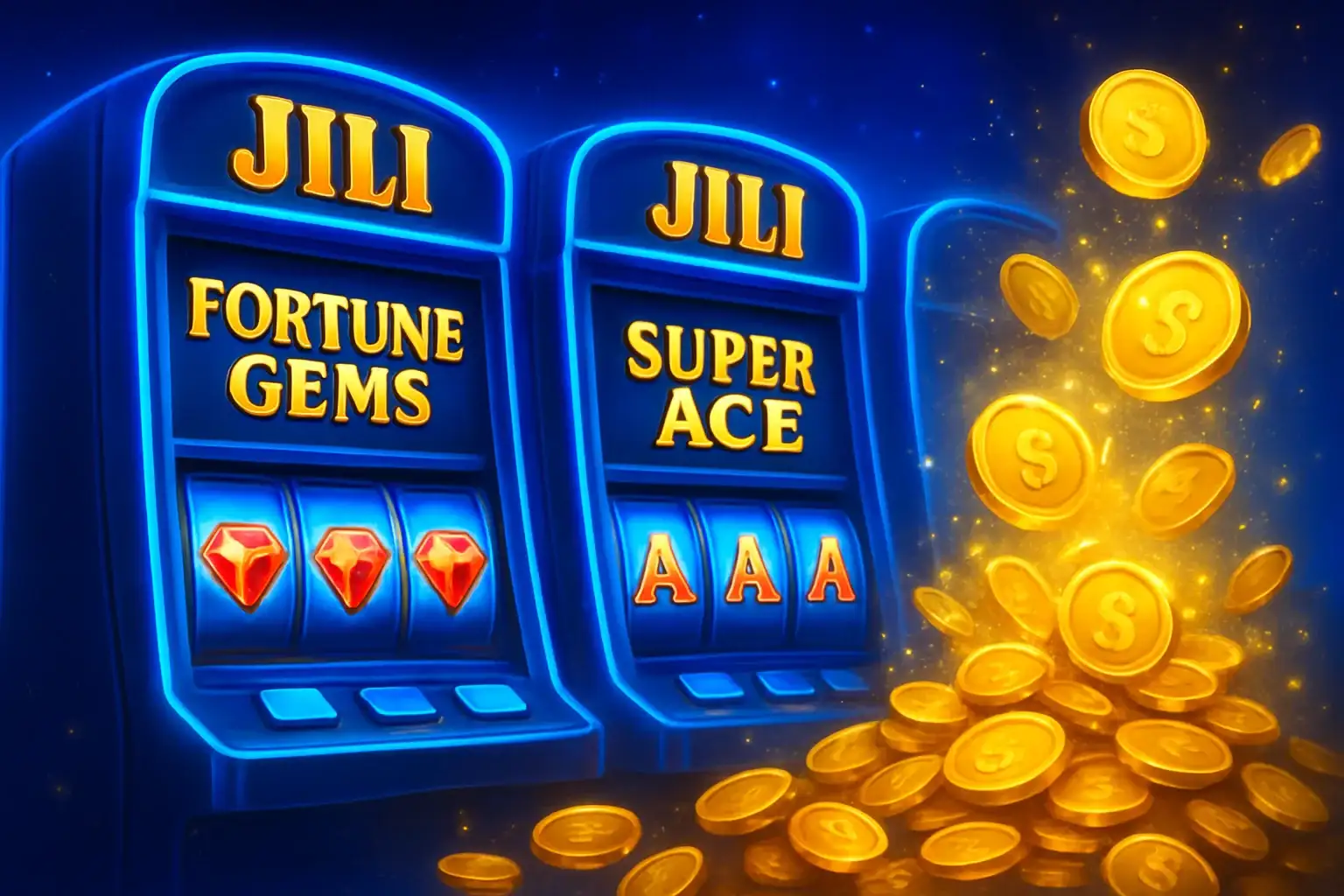 Bright Philippine casino slot machines with JILI symbols and exploding gold coins