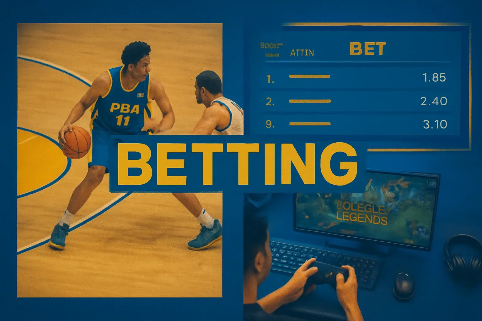 Dynamic Philippine sports betting banner with PBA action and Mobile Legends overlay